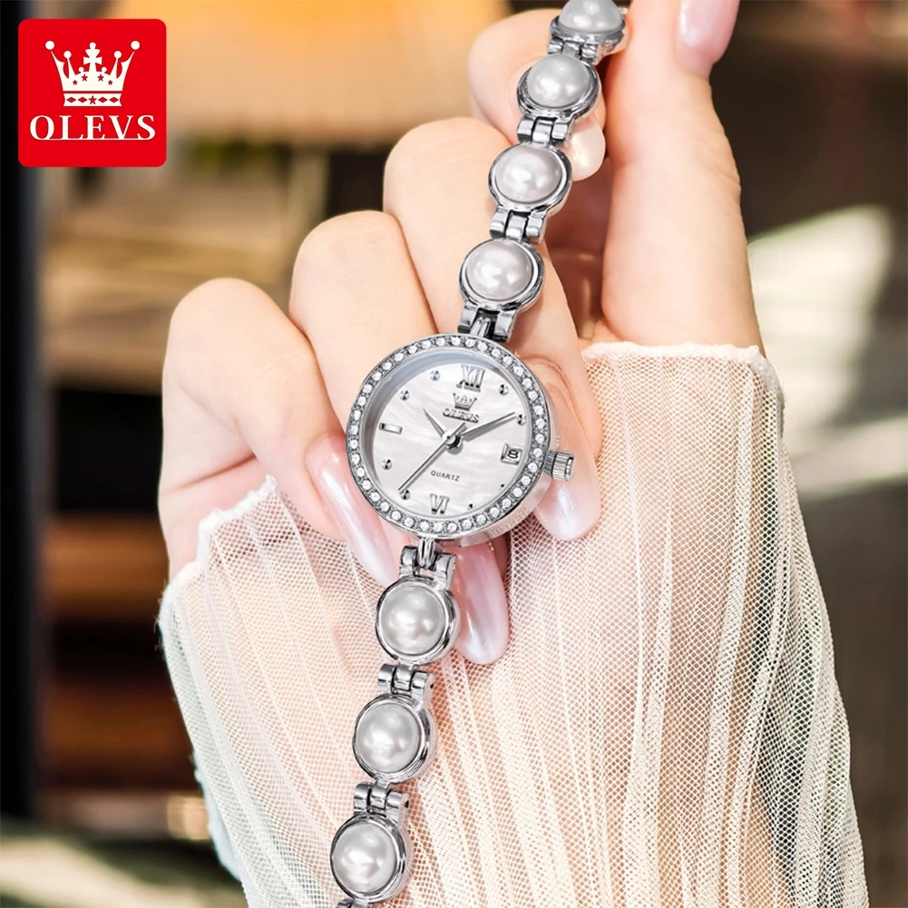 ساعات نسائية فاخرة من OLEVS بحزام لؤلؤ الماس وساعة كوارتز بتقويم مقاوم للماء ومجوهرات للسيدات ساعة يد أصلية