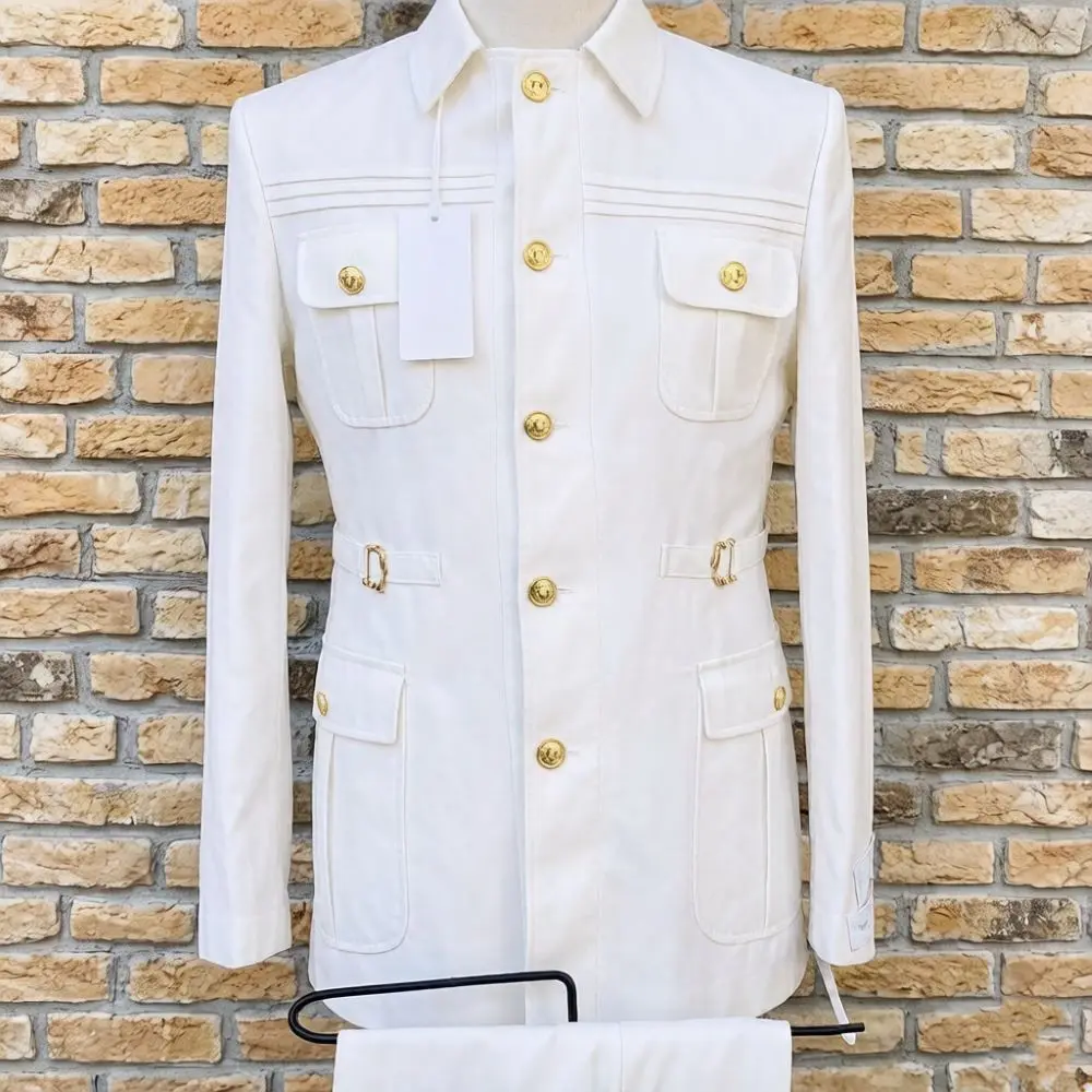 

Men Suits with Stand Collar Safari 2 Pieces Single Breasted Wedding Suit Gold Buttons Formal Casual All Season Groom Prom Wear