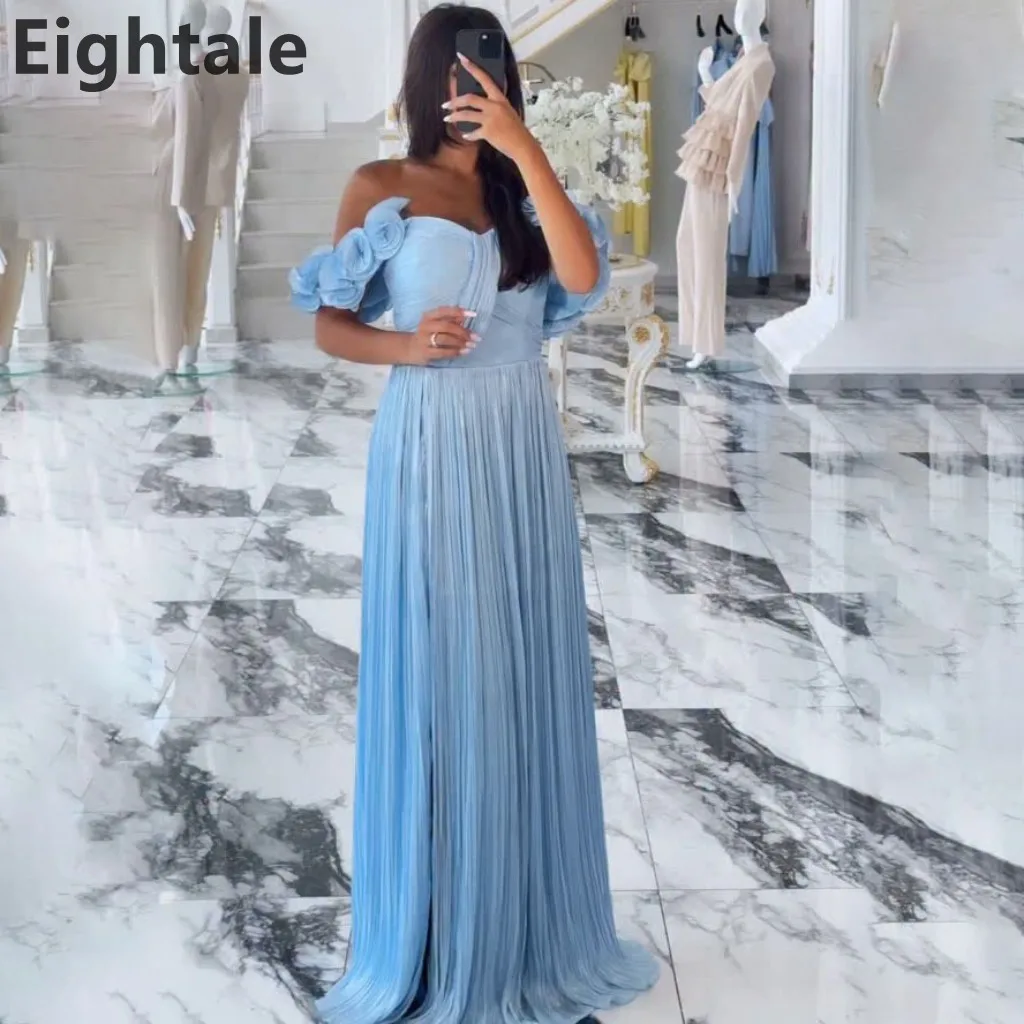 

Eightale 2025 Sky Blue Off Shoulder Maxi Evening Dress With Flower Wedding Party Formal Prom Dress Dubai Party Gown Customized