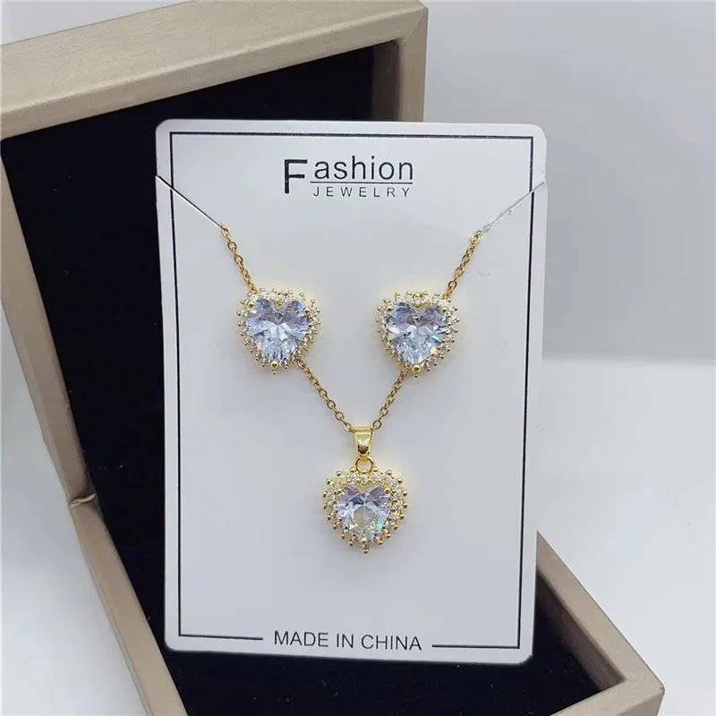 Light Luxury Heart Zircon Jewelry Sets Trendy Geometric Stud Earring Pendant Necklace Stainless Steel Choker For Women Girls