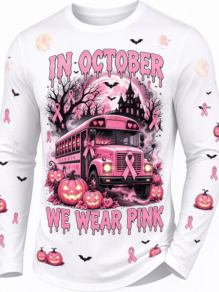 Men's Halloween Pink Ribbon School Bus Pumpkin Bat Long Sleeve T-Shirt Breast Cancer Awareness Graphic Pullover Tops Gift