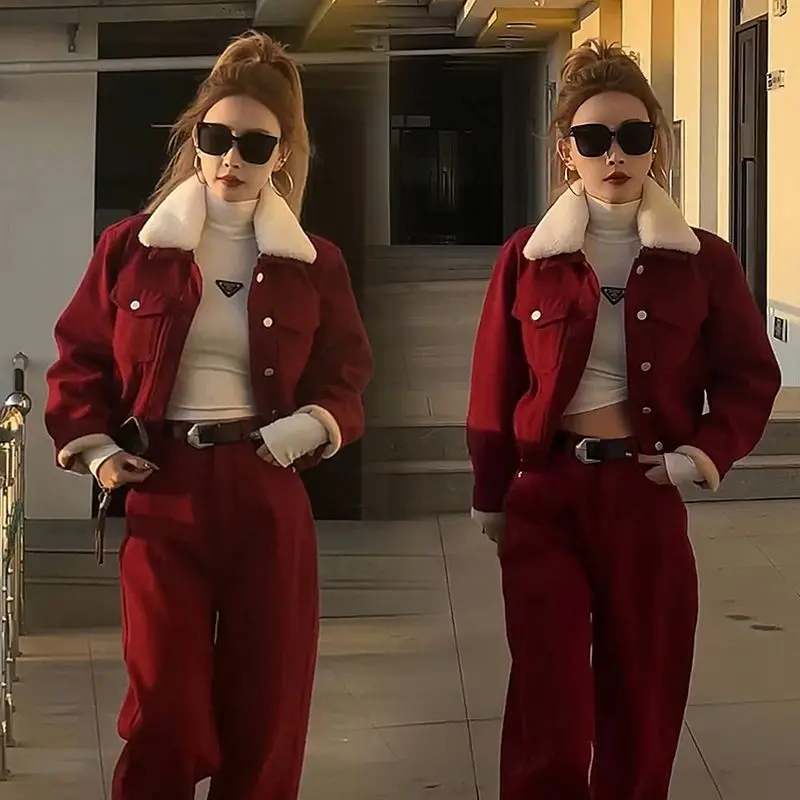 

Korean Sle Faionable Red Denim Jaet And Wide Leg Pants Women's Autumn Winter Two Piece Set High Waist Loose Fit Button up