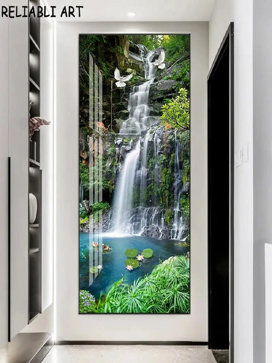 Natural Waterfall and Green Tree Landscape Canvas Painting with Swan and Fish  Wall Art Poster and Print for Living Room Home De
