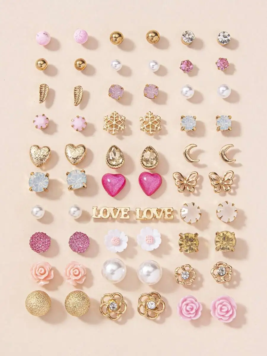 

30 Pairs Stud Earrings Set For Women Faux Pearl Heart Crystal Flower Butterfly Snowflake Valentine Gift