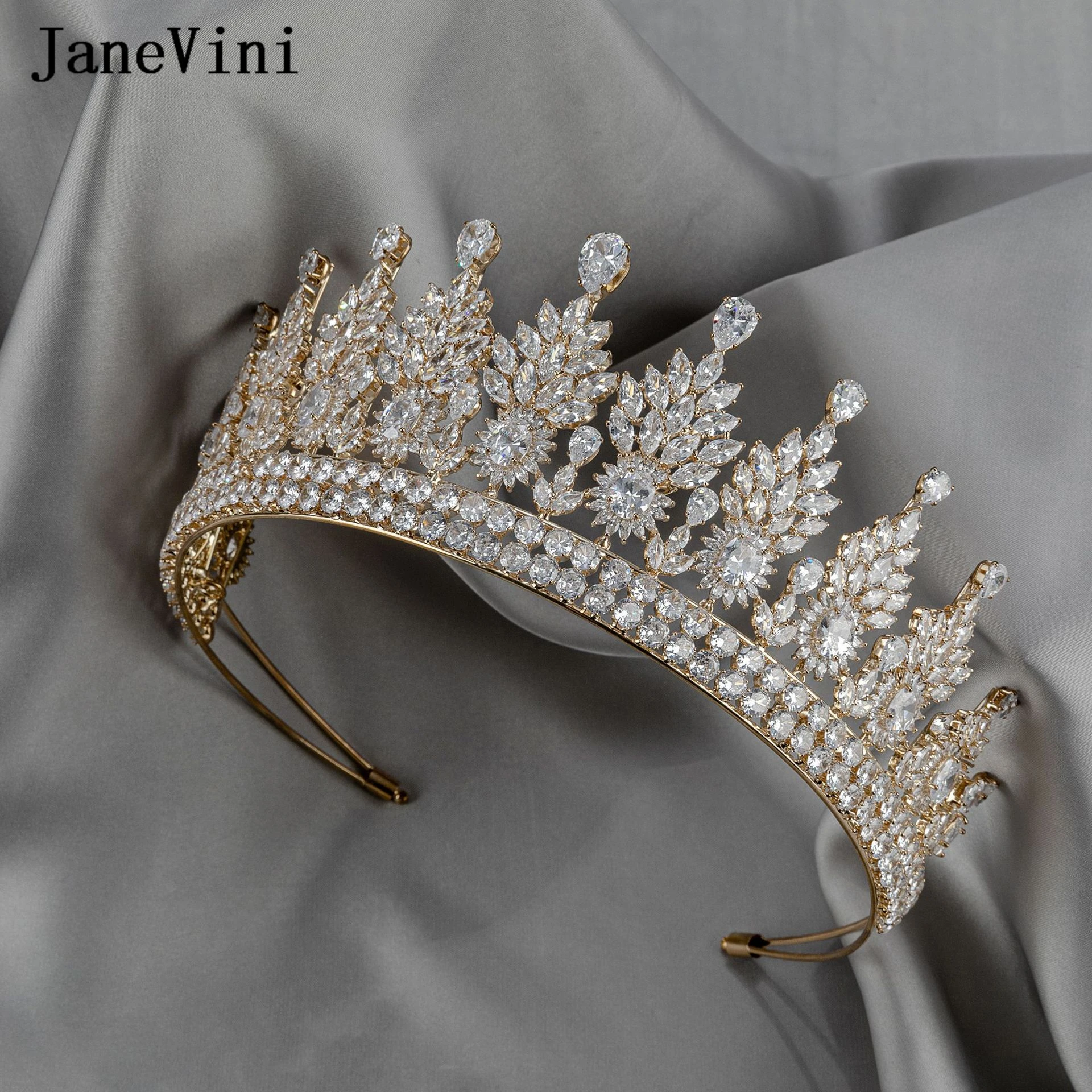 JaneVini Luxury Wedding Crowns Tiaras Zirconia Crystal Bling Rhinestone Bridal Diadem for Pageant Party Women Hair Accessories