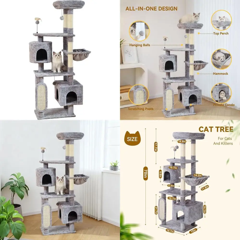 

70-дюймовая лежанка-когтеточка для нескольких кошек с 2 домиками, гамаком и платформами, серая, для игр и отдыха в помещении