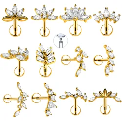 Flower Leaf Daith Conch Earring Petals CZ Zircon Labret Stud Marquise Gem Lip Internal Thread Piercing 316L Surgical Steel 16G