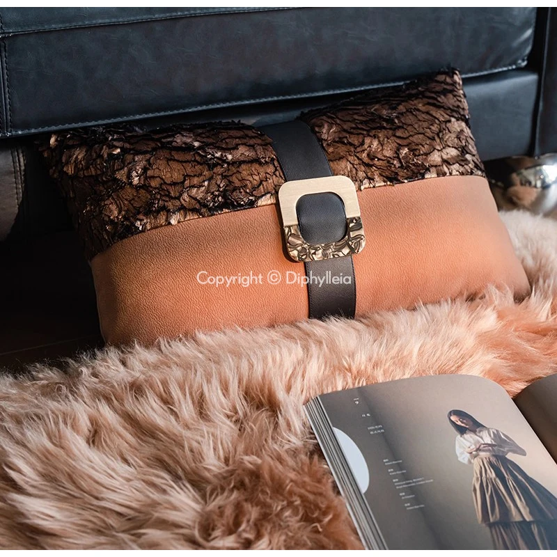 Diphylleia Couture Touch Bronze Leather Pillow Cover 30x50cm Luxury High-End Interiors Decorative Cushion Case With Buckle