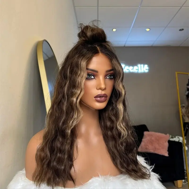 Parrucche per feste quotidiane cosplay Ombre marrone scuro con strisce biondo miele Parrucca anteriore in pizzo sintetico HD Parrucche sintetiche in miscela di capelli umani