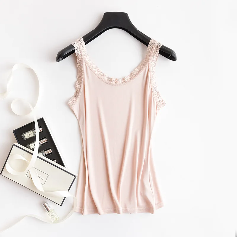

Spring And Summer Mulberry Silk Knitted Sexy Lace Tank Top Plus Size Soft Solid Color Vest Breathable And Sweat Absorbing Top