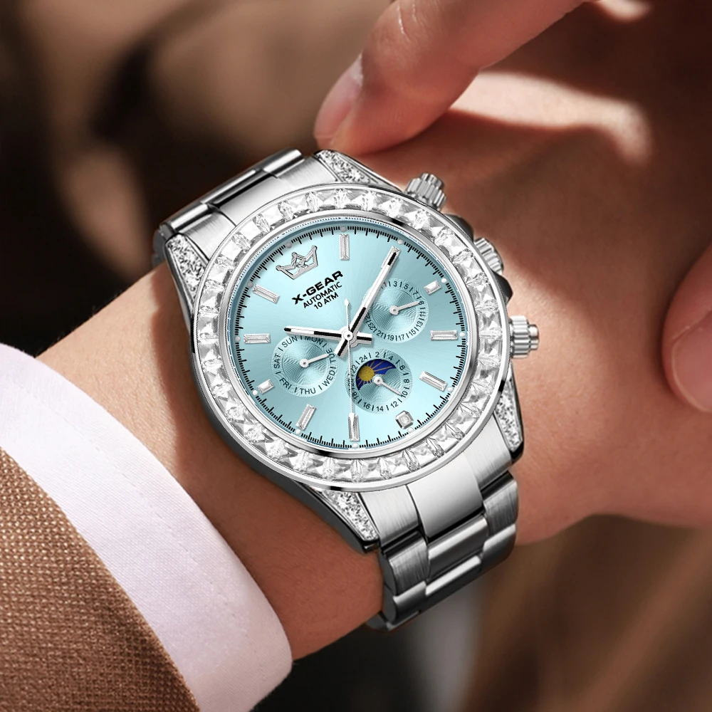 X-GEAR Men's Waterproof Stainless Steel Strap Fully Automatic Mechanical Watch Multi-Function Three-Eye Six-Hand Sports Watch