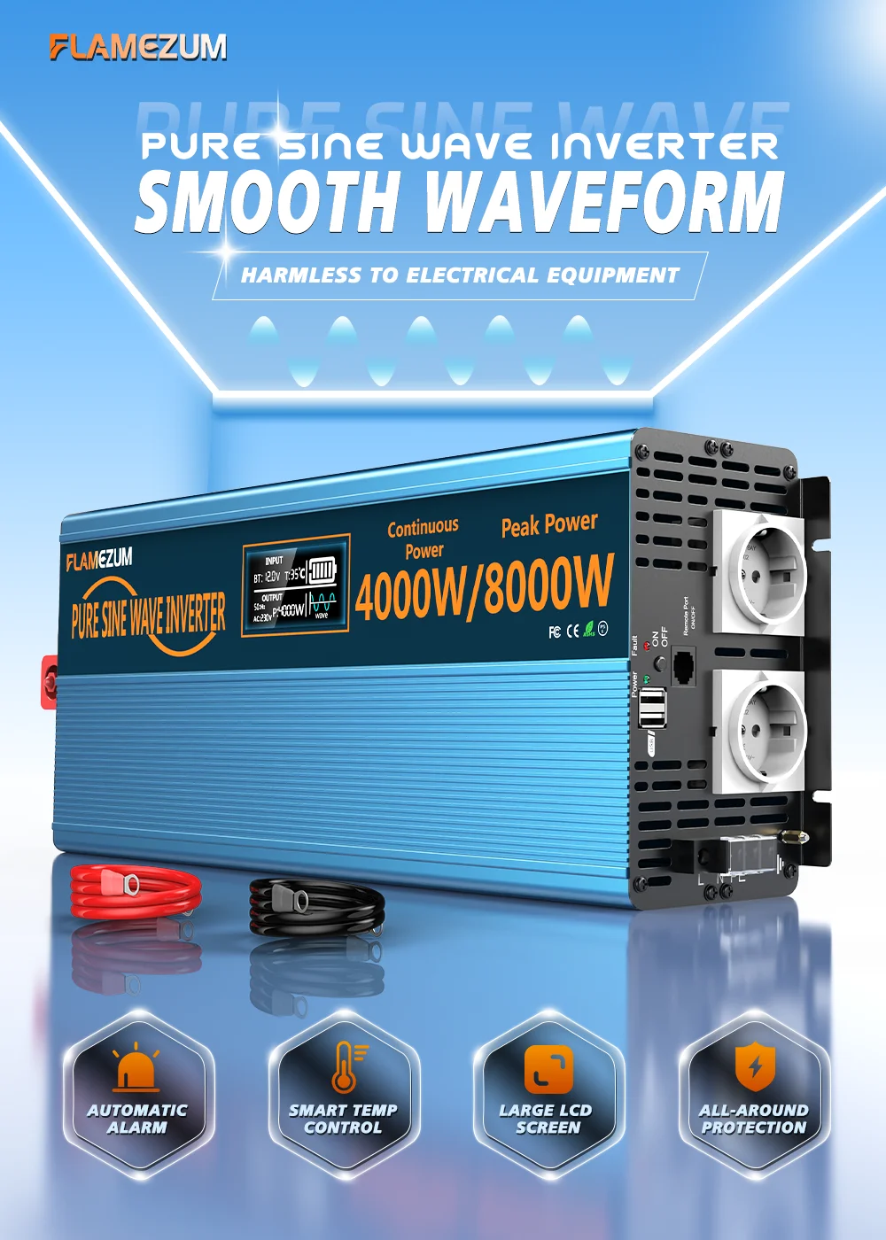 4000W 8000W reiner Sinus-Wechselrichter 12V 24V 230V DC zu AC tragbarer Spannungswandler mit Fernbedienung für Wohnmobil-Boot – Detail 3