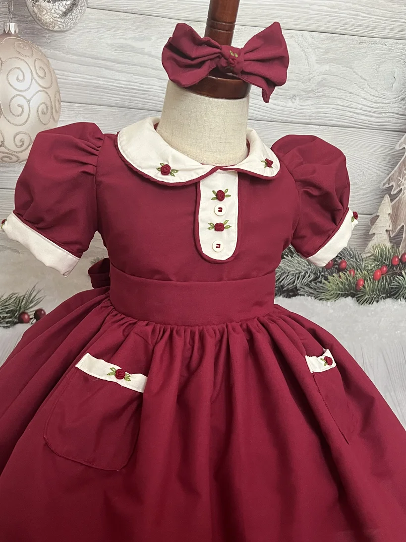 Summer Girl Cute Handmade Embroidered Pink Bow Red Dress With Bow for Casual Party Birthday Wedding Photography