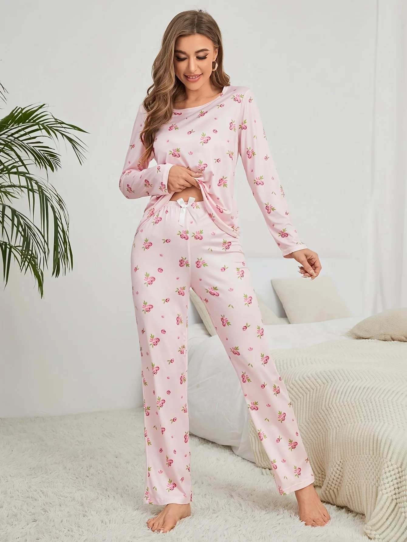 Women\'s pajamas set flower print long sleeve top and trousers comfortable two piece casual home wear