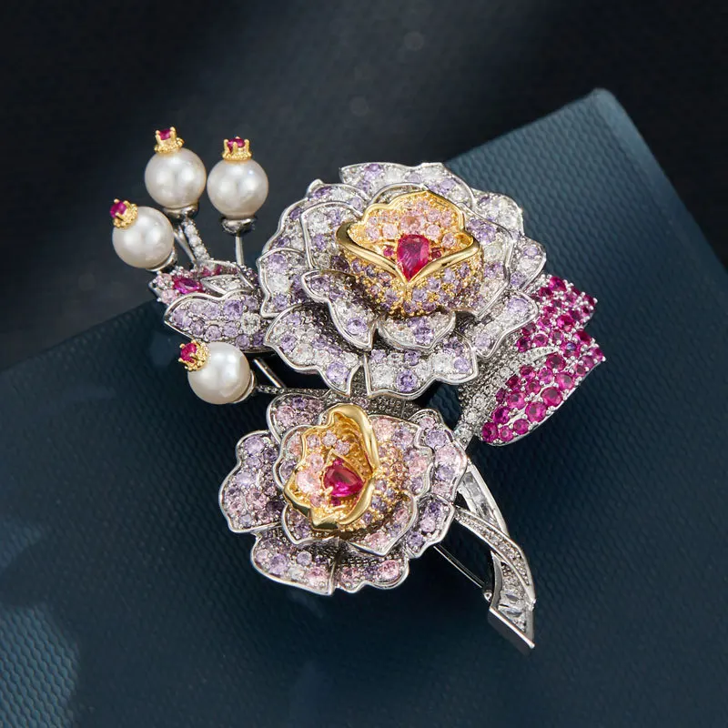

Fashionable and Elegant Camellia Brooch Luxurious Cubic Zirconia High-end Three-dimensional Flower Broche Clothing Accessories