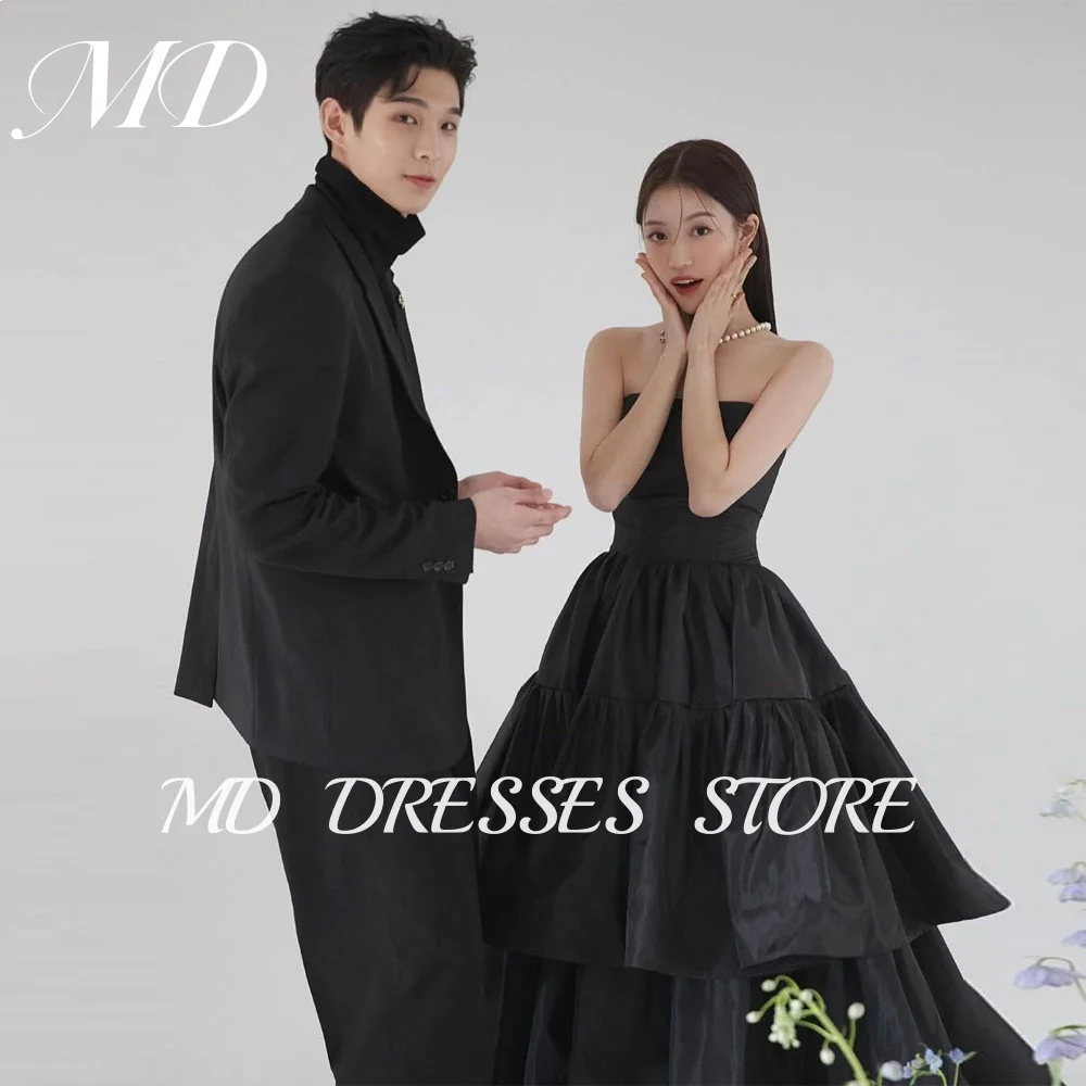 

MD Simple Black A-line Wedding Dress Floor-Length Sleeveless Tiered Pleat Korea Photo shooting Brides Dresses Customized 2025