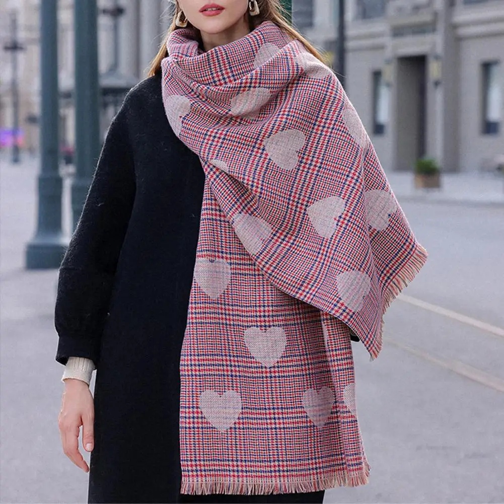 Heart Plaid Print Fringed Hem Knitted Scarf Winter Women Scarf Thickened Cozy Warm Windproof Cold Resistant Korean Scarf Wraps