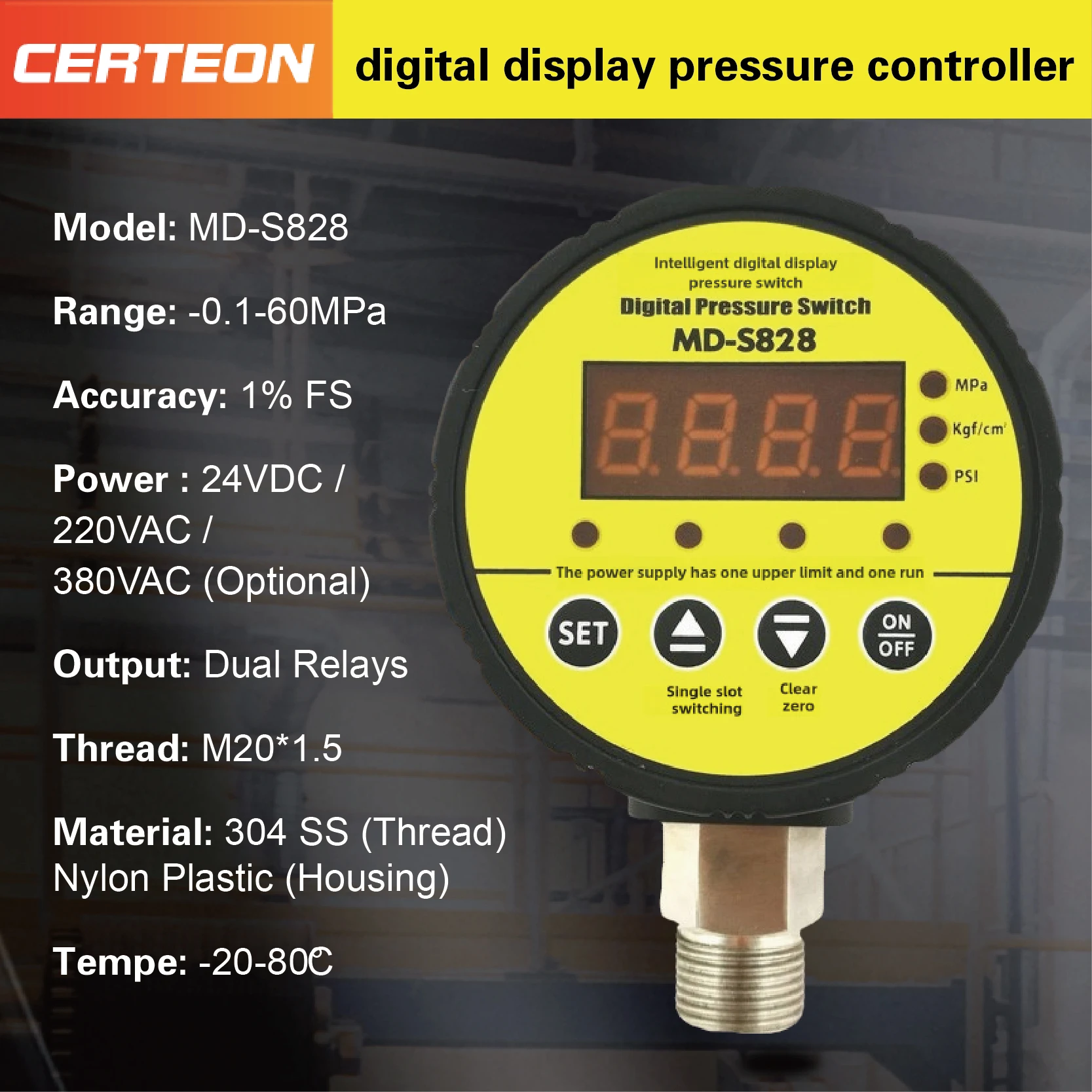 Digital Pressure Controller Adjustable Electronic Switch Dual Relay Industrial Gauge MD-S828