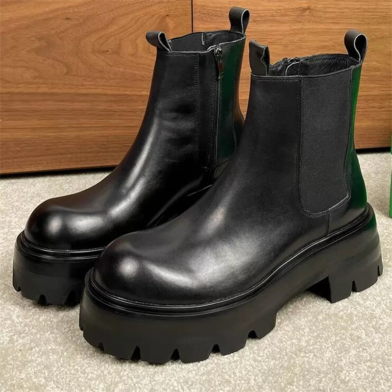 New British Platform Ankle Boots Men Genuine Leather Fashion Casual Work Outdoor Motorcycle Chelsea Boots Height Increasing