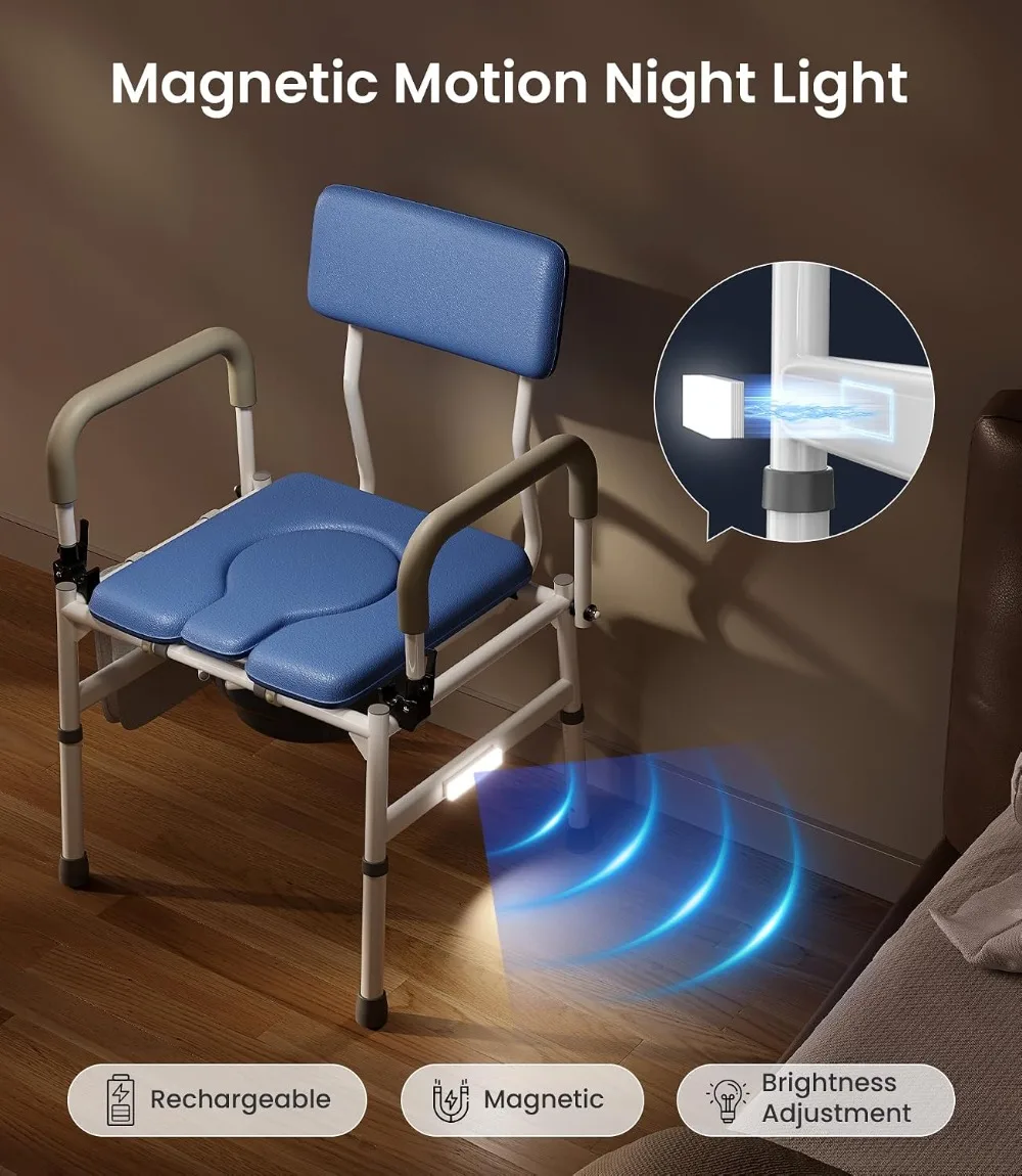Extra Wide Drop Arm Bedside Commode, 400 lbs Capacity with Night Light & Padded Seat, Adjustable Portable Toilet for Seniors, 6.3QT Bucket
