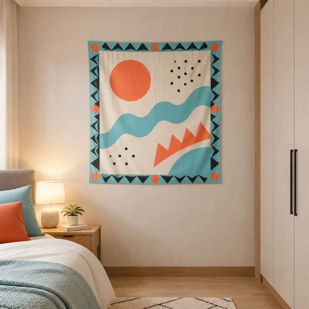 VIKAMA Memphis Shapes Mix Border Frame Tapestry Wall Hanging, Postmodern Wall Art Tapestries for Kitchen Dining Room Living Room