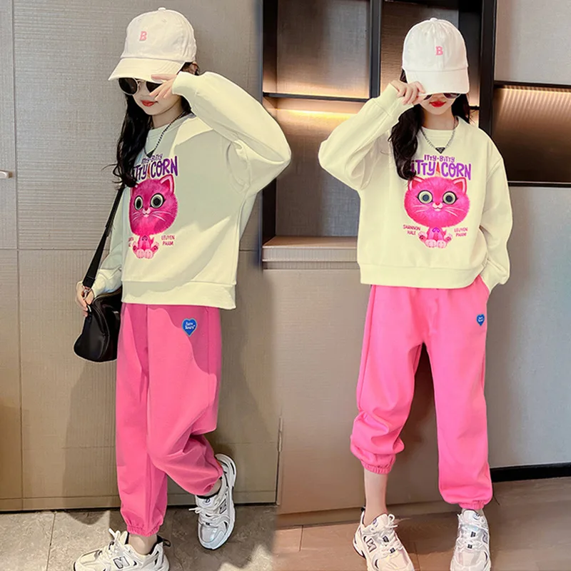 Spring Autumn Girls Lovely Contrast Cartoon Sweatshirt+Sweatpant Sets School Kids Tracksuit Child Outfit Jogging Suit 3-14 Years