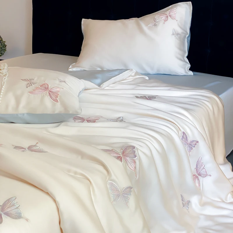 600TC Lyocell Soft Silky Cooling Bedding Set Colorful Butterfly Embroidery Duvet Cover Flat/Fitted Bed Sheet Pillowcases 4Pcs