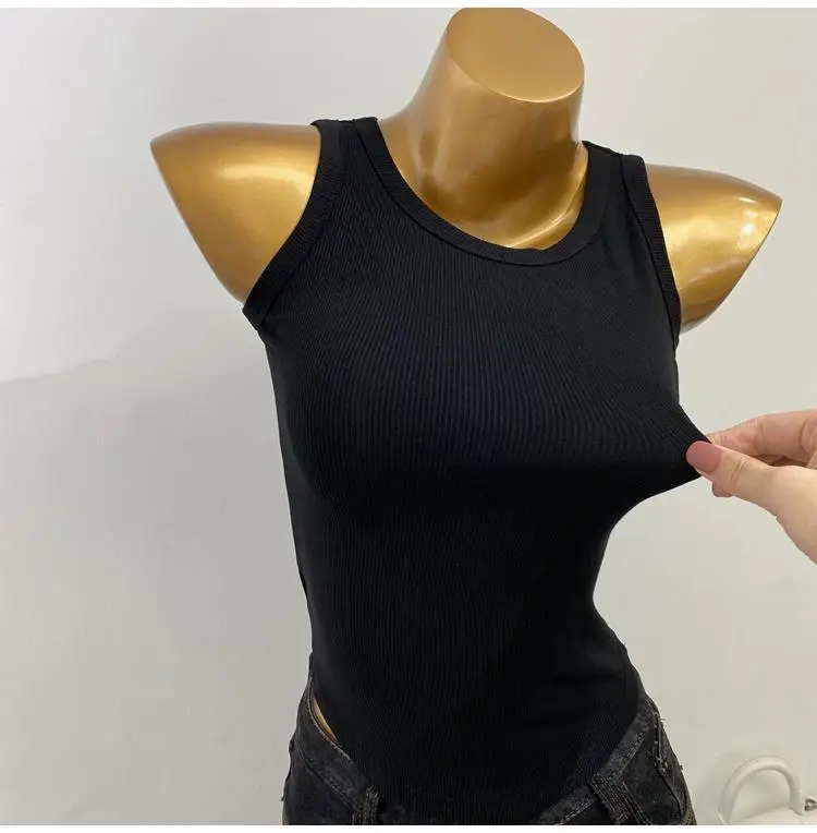 Black White Irregular Sleeveless Vest Women's Base Layer INS Ribbed Outerwear Summer New Short Pure Color Triacetate Fiber