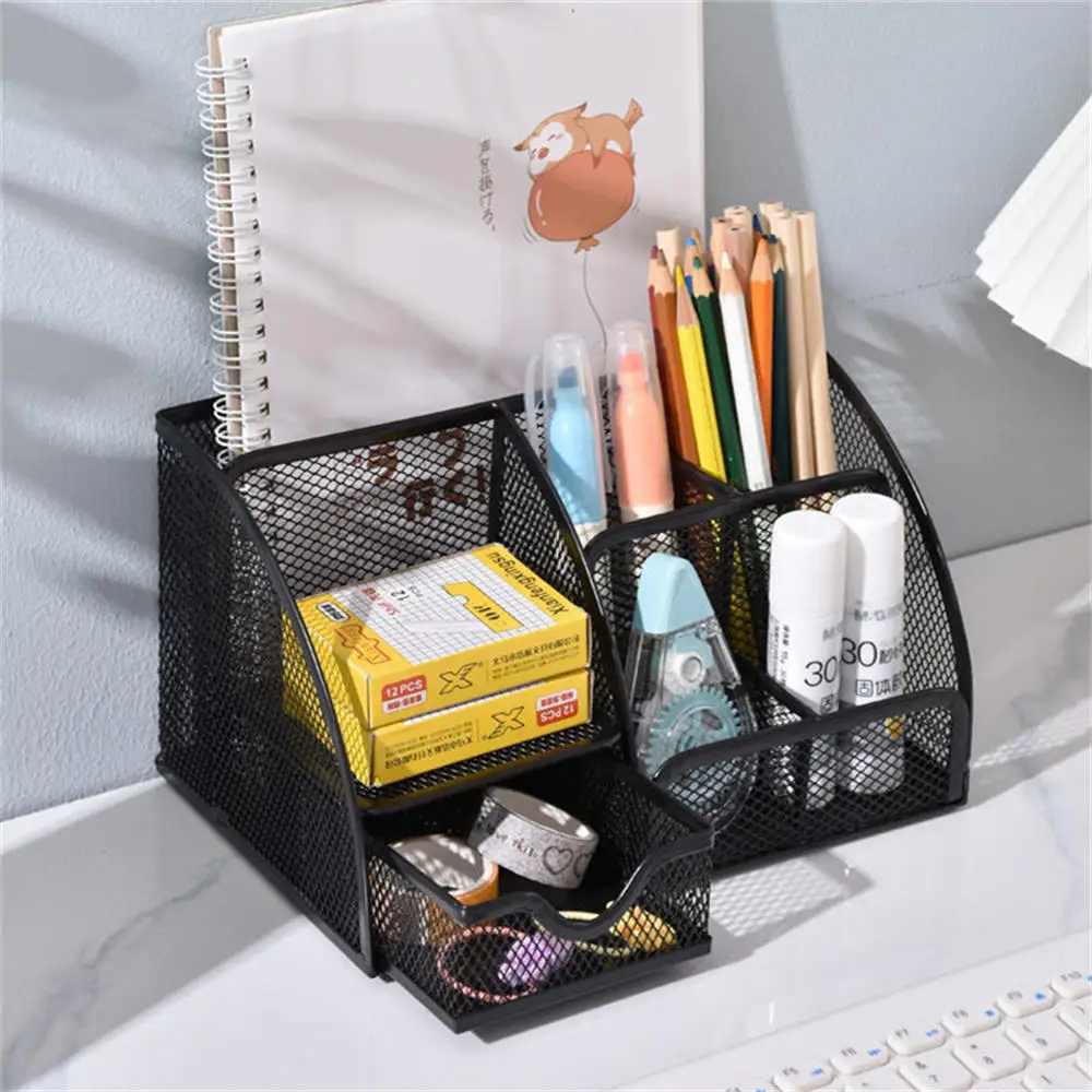 Desktop Storage Box Metal Mesh Square Storage Rack Pencil Pen Holder Large Capacity Stationery Organizer School Office Supplies