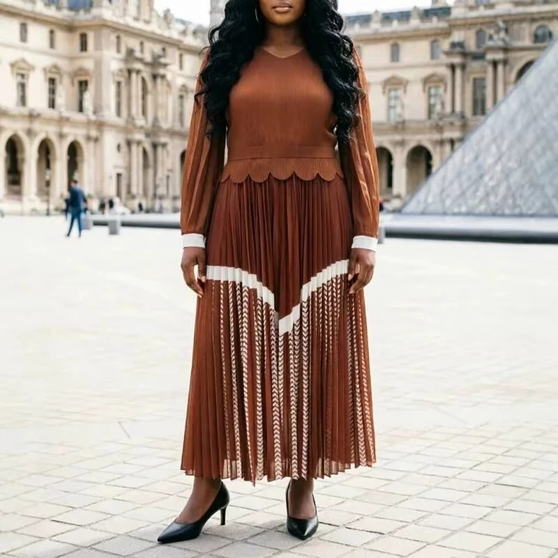 ANLAN Niche Black White Colorblock Print Pleated Women's Dress V Neck Long Sleeve Elegant Party Casual Famale Clothing 2026 New