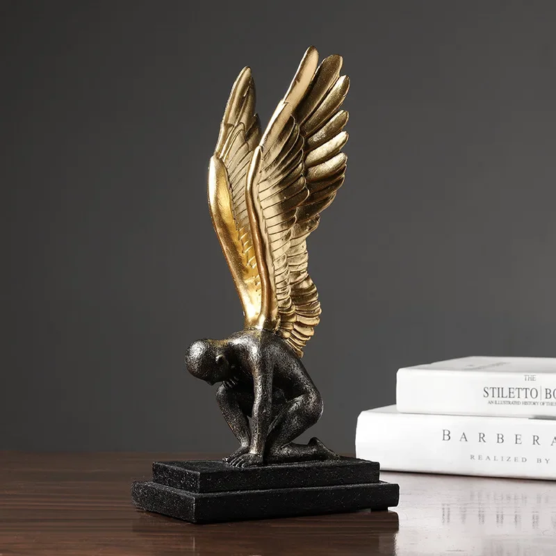 Retro Creative Modern Art Single Wing Black Gold Angel Sculpture Home Living Room TV Cabinet Decoration Character Ornaments