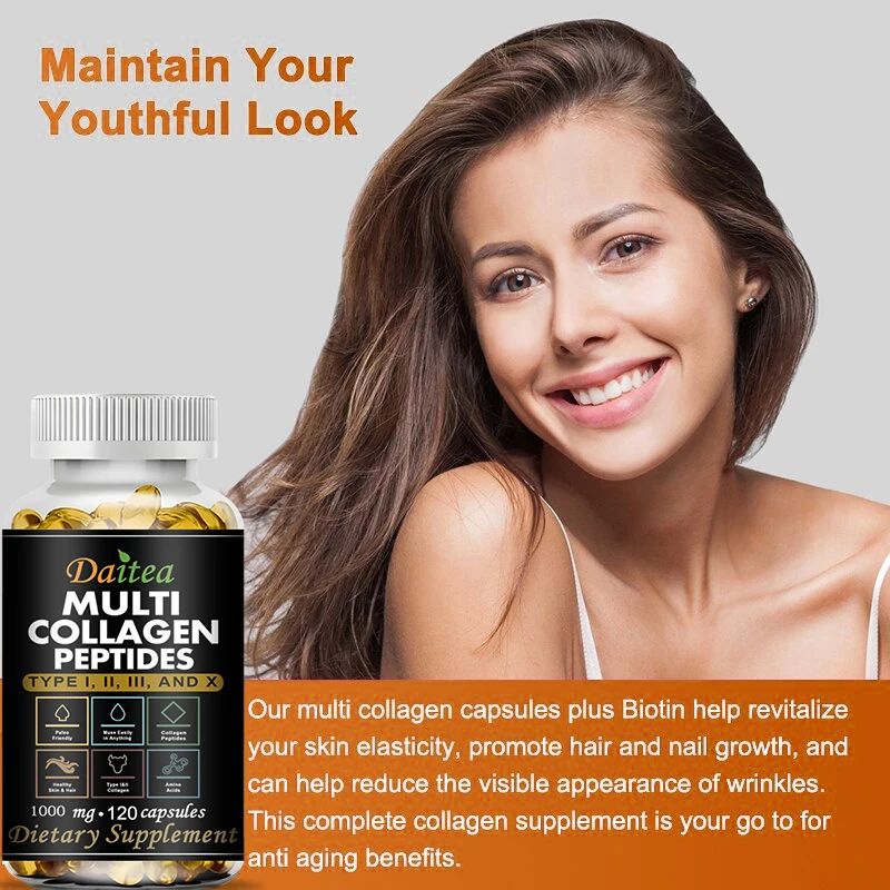 Multiple Collagen Peptide Supplements - ΤYPE I, II, III and X - Strengthens Hair, Nails, Skin, Joints, and Burns Fat