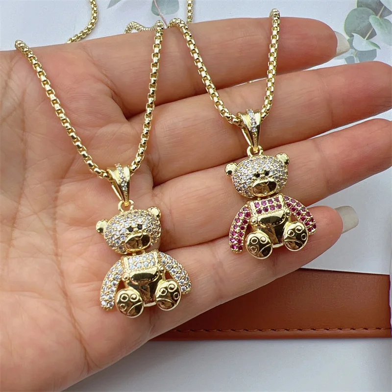 2023 Fashion Cute CZ Crystal Teddy Bear Necklaces For Women Copper Gold Plated Heart Bear Necklaces Animal Jewelry Gifts