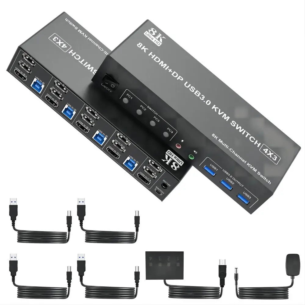 

8K@60Hz 2 Displayport +HDM KVM Switch for 3 Monitors 4 PC, 2 DP1.4 + HDMI2.1 Triple Monitor with Audio Microphone +3 USB3.0 Port