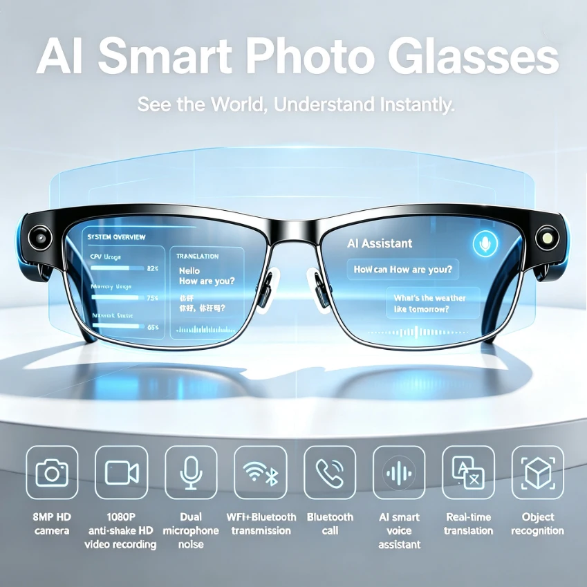 2026 New AI Smart Camera Glasses 800W Pixel HD Camera AI Object Recognition AI Language Assistant Bluetooth Call Smart Glasses
