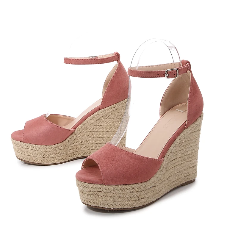 Sexy Rattan Grass Woven Peep Toe Women's Sandals Summer Platform Wedges High Heels Buckle Sandals Outdoor Gladiator Shoes Suede