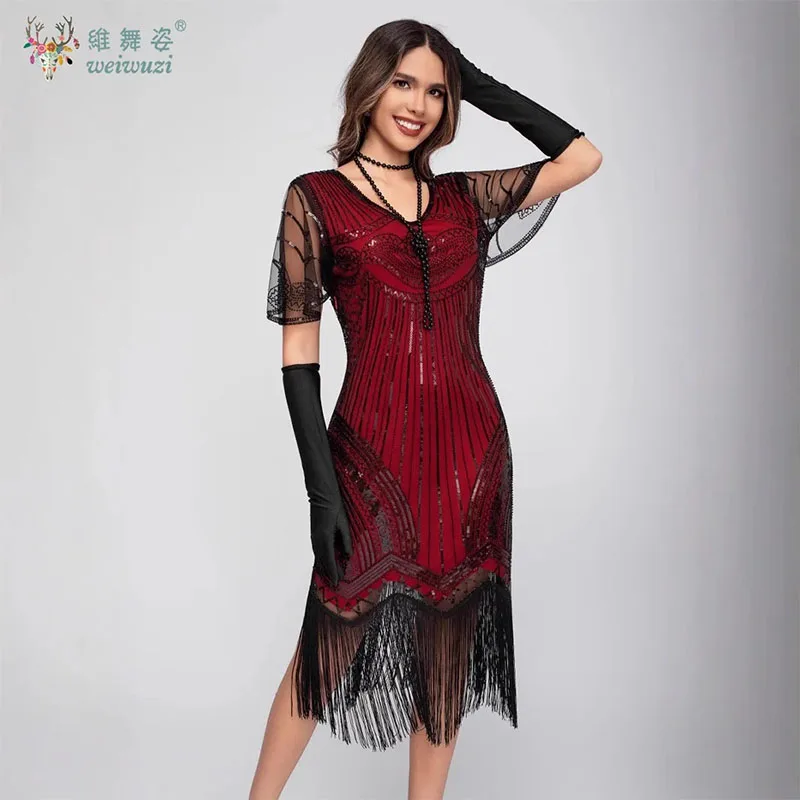 2025年最新スタイル レトロタッセル付きイブニングドレス ハンドメイドグリッタービーズ刺繍入り半袖 ギャツビー風ボールガウン