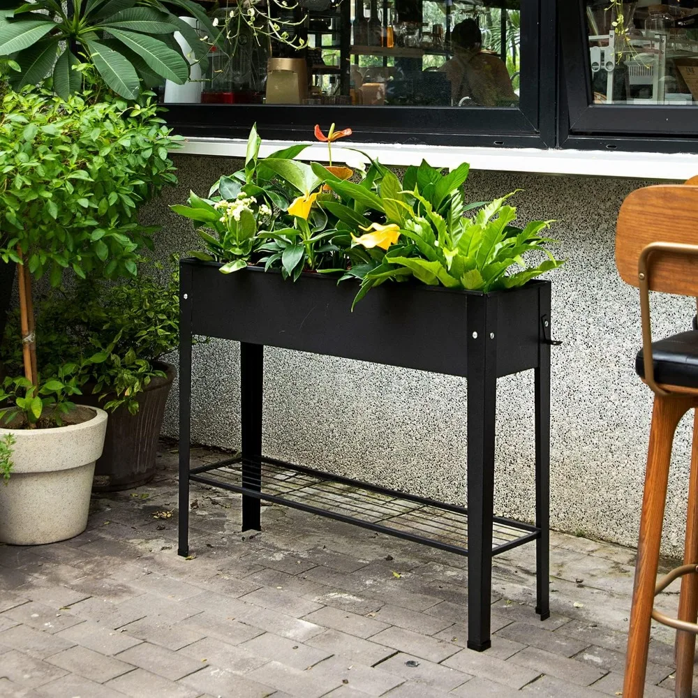 Elevated Metal Planter Box with Legs, Drainage Holes for Indoor Outdoor Gardening in Frosted Black