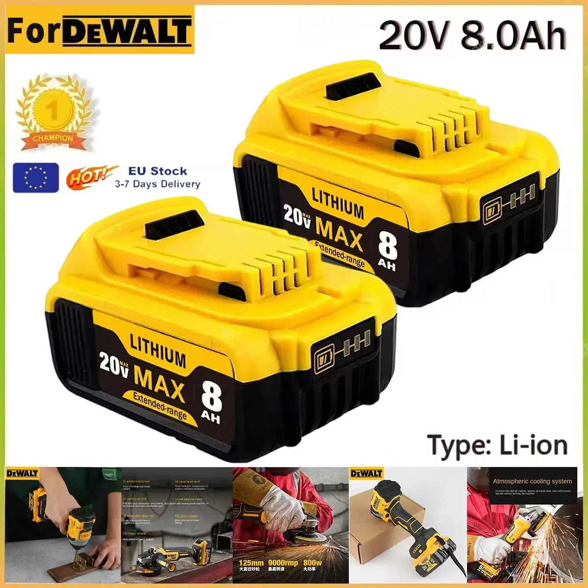 Batteries de remplacement Lithium-Ion 8,0 Ah 20 V pour outils sans fil Dewalt - Compatible avec DCB200, DCB205, DCB206 et plus