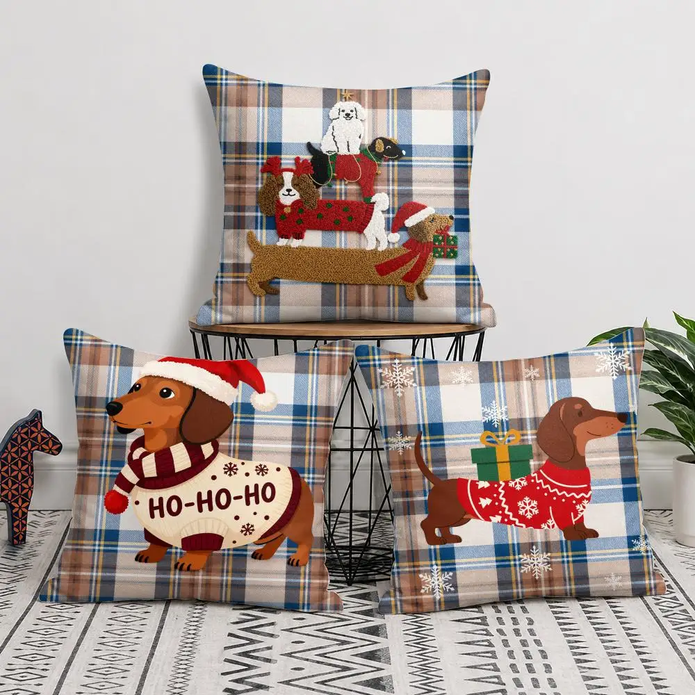 Christmas Sausage Dog Cushion Cover Soft Short Plush Double-Sided Printing Home Decor Festival Party Pillow Case Gift