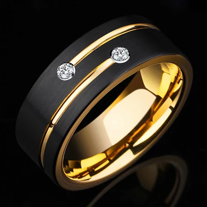 

Luxury Mens 8mm Black Stainless Steel Gold Color Ring Crystal Wedding Band for Men's Engagement Party Jewelry Gift Wholesale