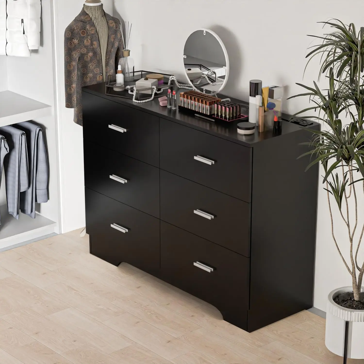 Dresser with Power Outlets Wood 6 Drawer Dresser with Large Organizer Tall Chest of Drawers Closet Modern Dresser for Bedroom Li