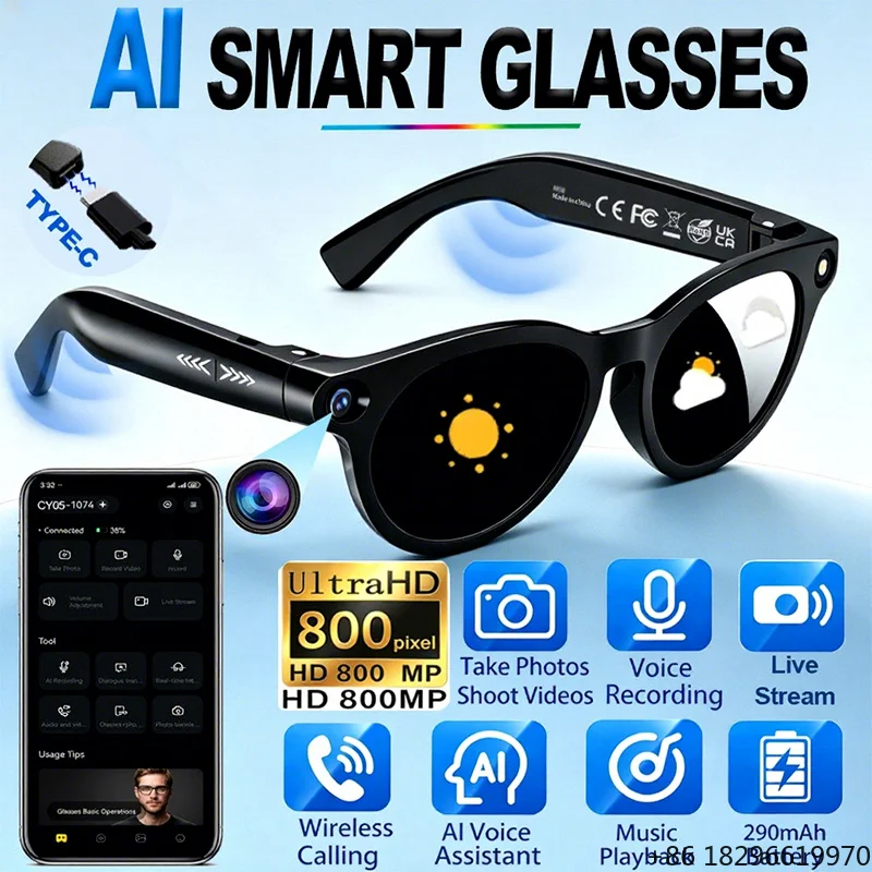 800MP  Live Stream Smart Glasses AI Voice Chat Assistant Music Player Photo Video Recording Eyewear