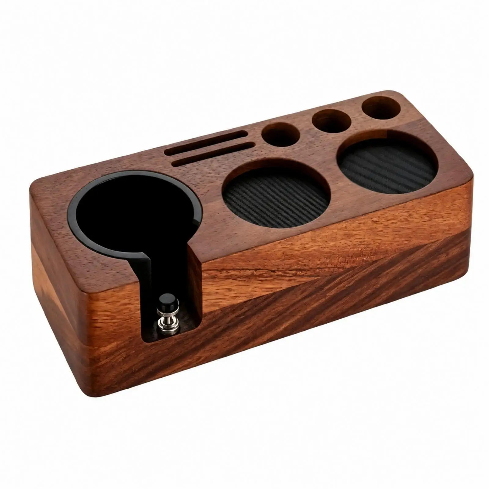 Espresso Tool Organizer Coffee Tamping Distributor Wood Base with Front Portafilter Support for Compact Home Barista Setup