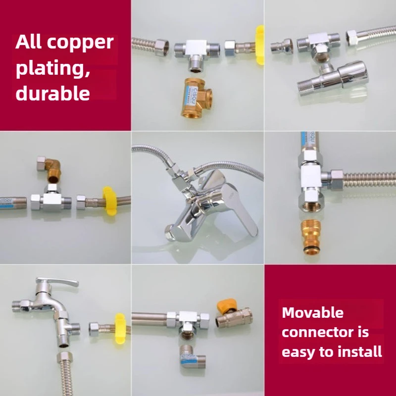 مقسم مياه نحاسي ثلاثي الاتجاهات - مدخل واحد ومخرجين، وخيوط ذكر/أنثى، توصيل سريع للحنفيات، وصمامات زاوية/متعددة الأشخاص #4