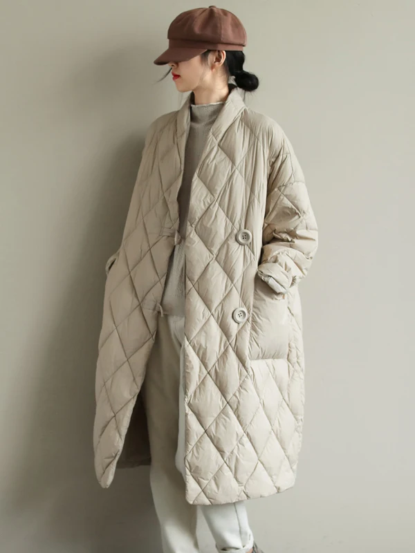 سترة خفيفة الوزن من القطن المحشو بالريش بنمط ماسي متوسطة الطول ملابس خارجية بسيطة الطراز فضفاضة بأكمام طويلة وأزرار وتفاصيل جيوب #2