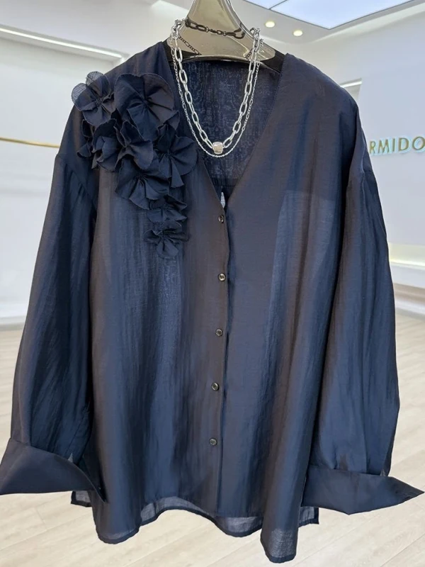 Loose Long Sve V-Ne Men's irt 300 Pou Large Size 3D Flower Decorated Casual Luxury irt for Spring Autumn
