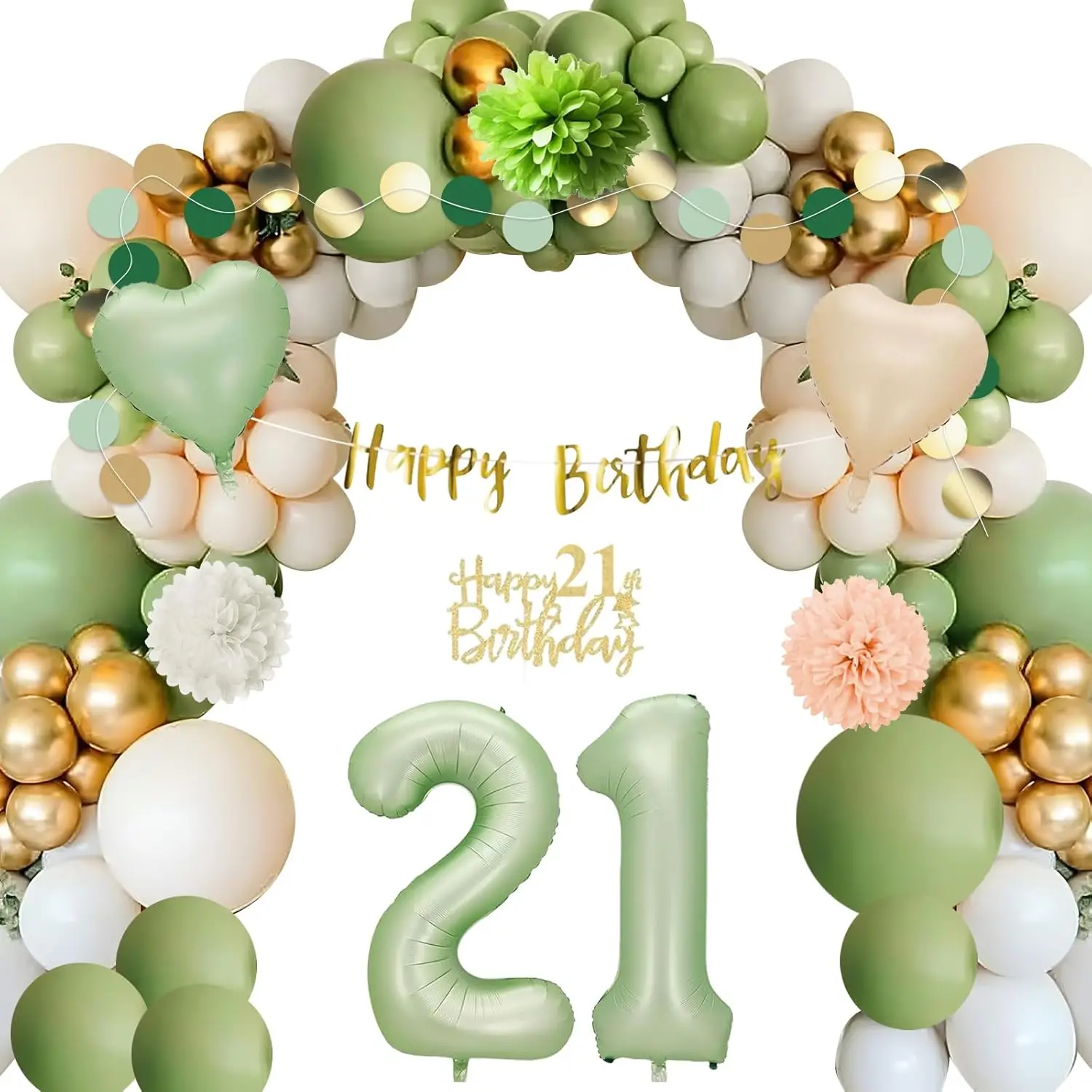21/70/Jahre Geburtstagsdekorations-Set in Grün-Gold, Happy Birthday Banner, Luftballons, Girlande, Pompons für Frauen und Männer, Party-Deko