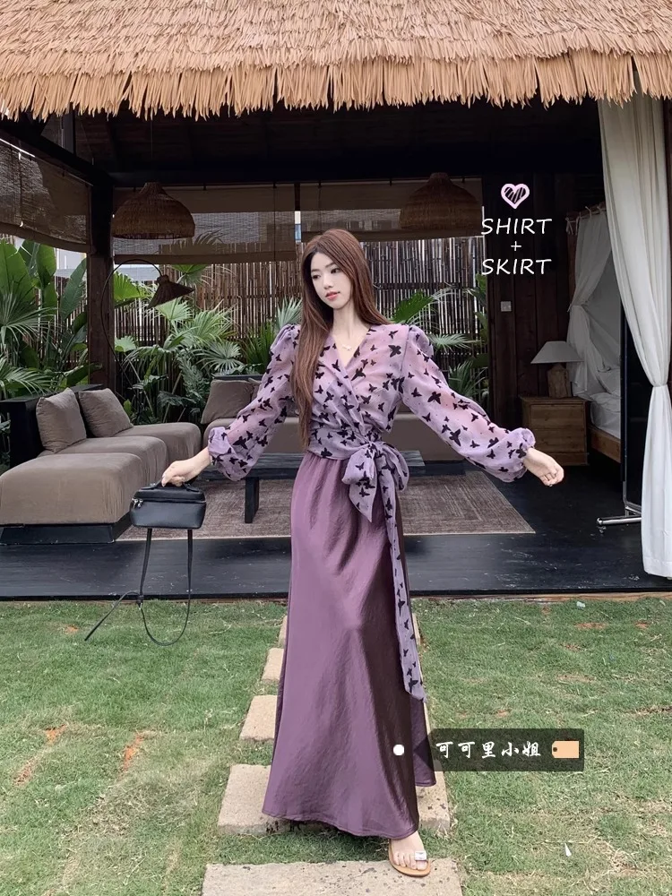 

Retro Floral V-ne Sun Protection Satin f-length Skirt Set Women's Faion Spring 2026 New Sle Two-piece Ensemble