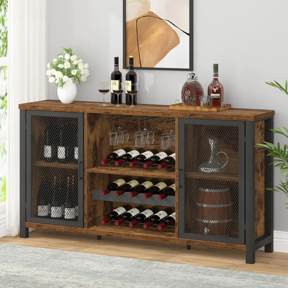 Rústico Madeira Buffet Aparador com Armazenamento Rack, Marrom Wine Bar Gabinete, Coffee Bar Gabinete para Licor Vidros Adega